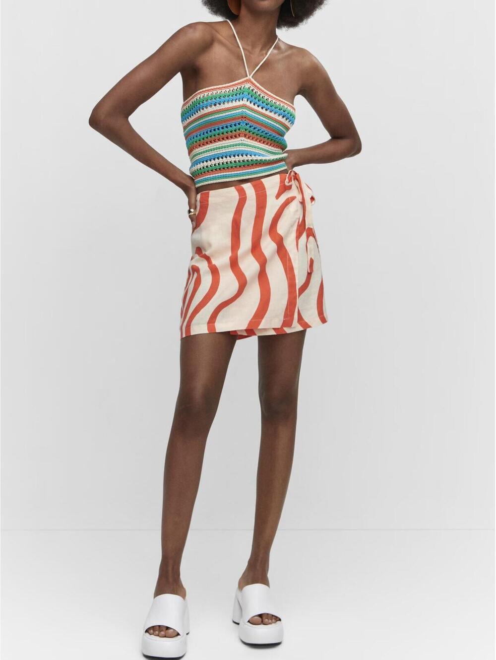 Mango Printed Linen-Blend Skirt Orange Ecru NWT Size XS - Picture 3 of 8
